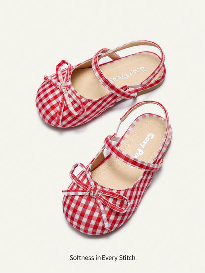 Cozy Pixies Fashionable Versatile Casual Red Plaid Vacation Party Fun Princess Style Cute Bow Mule Shoes Princess Wedding Season College Style Girl Baby Flat