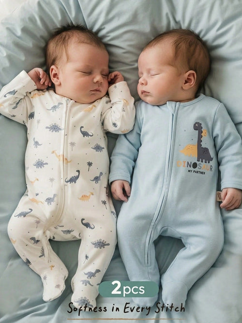 Cozy Pixies Newborn Baby Boy/Girl Cartoon Dinosaur Pattern Knitted Soft Round Neck Long Sleeve Romper & Pants 2-Piece Set
