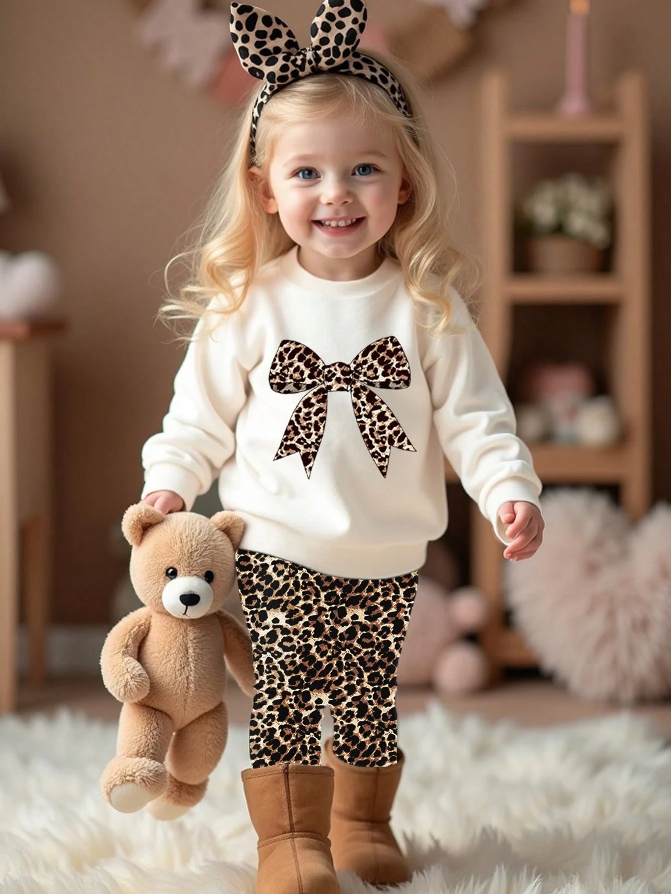 Cream White,Autumn,Cute Modest,Family Matching Vintage Leopard Bow Baby Girl Casual Knitted Soft Crew Neck Long Sleeve Winter Sweatshirt & Leggings