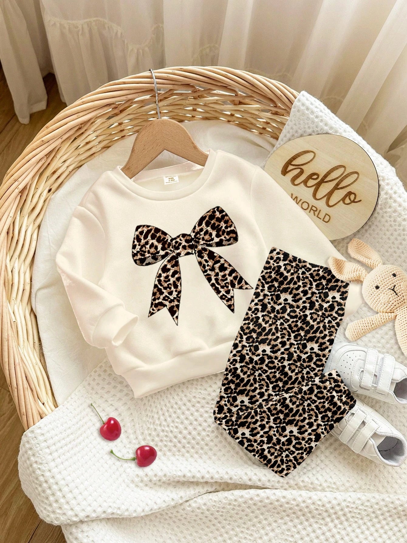 Cream White,Autumn,Cute Modest,Family Matching Vintage Leopard Bow Baby Girl Casual Knitted Soft Crew Neck Long Sleeve Winter Sweatshirt & Leggings