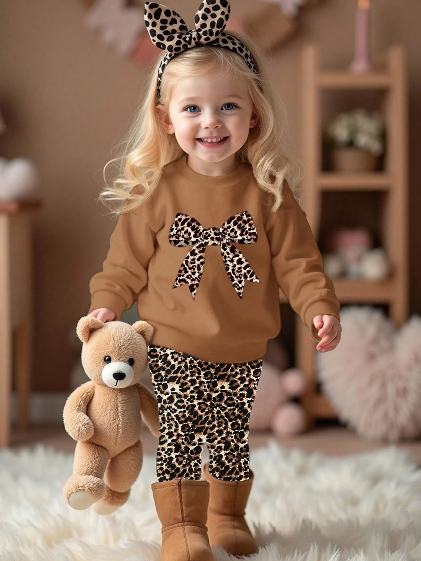 Cream White,Autumn,Cute Modest,Family Matching Vintage Leopard Bow Baby Girl Casual Knitted Soft Crew Neck Long Sleeve Winter Sweatshirt & Leggings