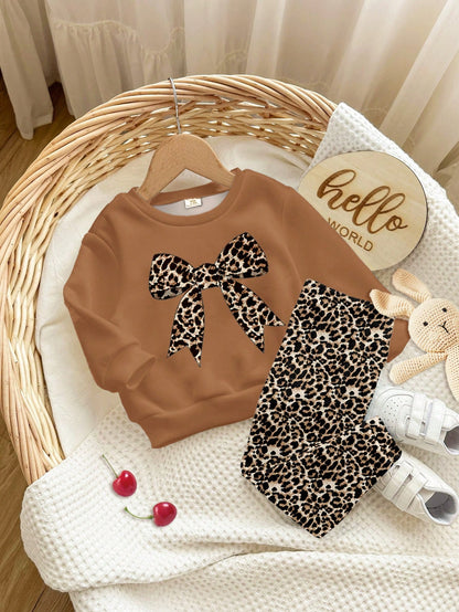 Cream White,Autumn,Cute Modest,Family Matching Vintage Leopard Bow Baby Girl Casual Knitted Soft Crew Neck Long Sleeve Winter Sweatshirt & Leggings