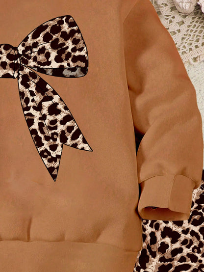 Cream White,Autumn,Cute Modest,Family Matching Vintage Leopard Bow Baby Girl Casual Knitted Soft Crew Neck Long Sleeve Winter Sweatshirt & Leggings