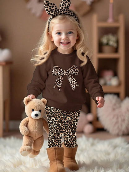 Cream White,Autumn,Cute Modest,Family Matching Vintage Leopard Bow Baby Girl Casual Knitted Soft Crew Neck Long Sleeve Winter Sweatshirt & Leggings