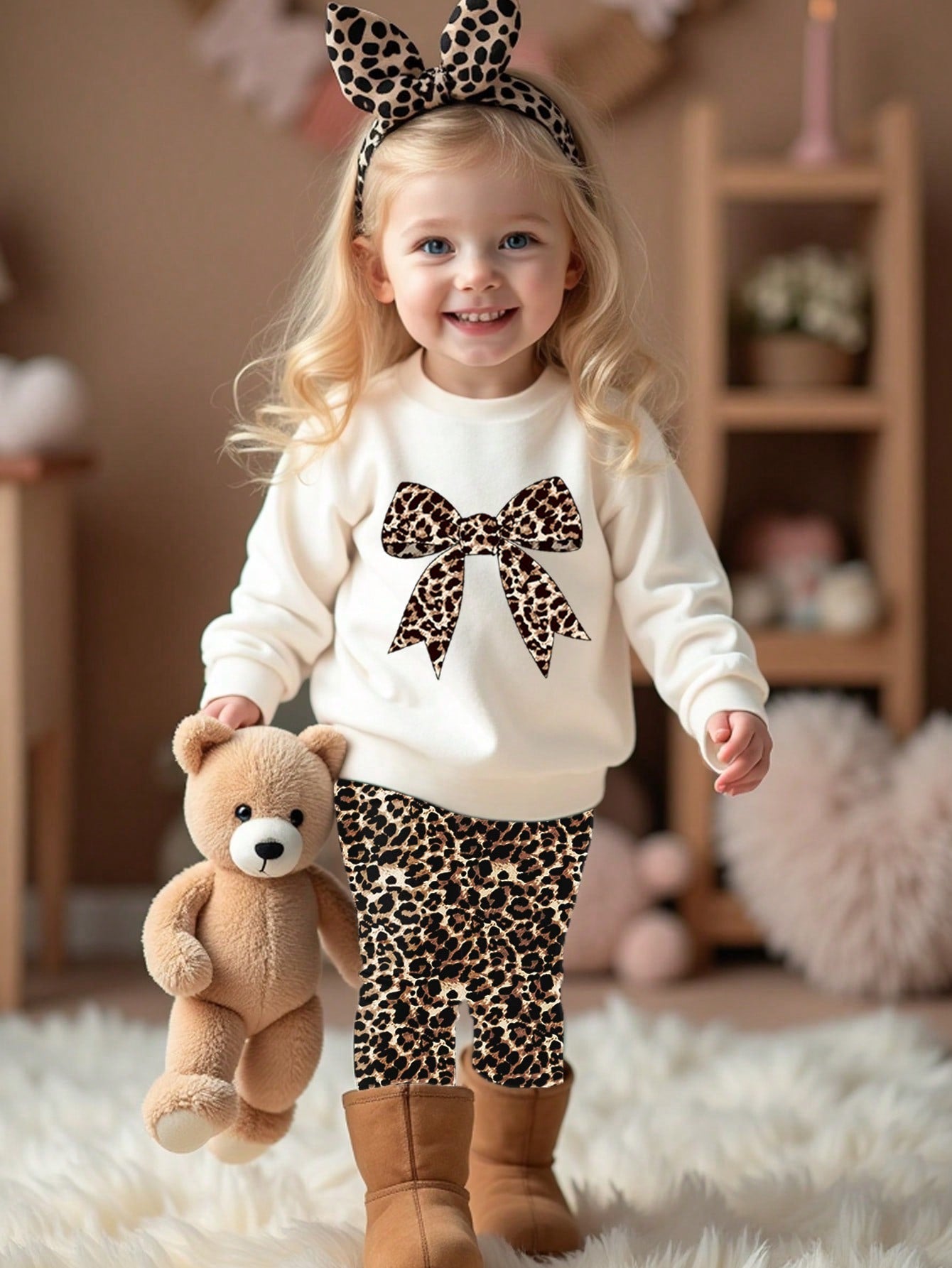 Cream White,Autumn,Cute Modest,Family Matching Vintage Leopard Bow Baby Girl Casual Knitted Soft Crew Neck Long Sleeve Winter Sweatshirt & Leggings