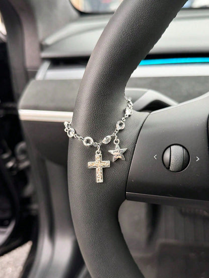 Cross And Star Shaped Car Steering Wheel Decor Pendant, Luxury Crystal Chain Car Steering Wheel Decor Pendant