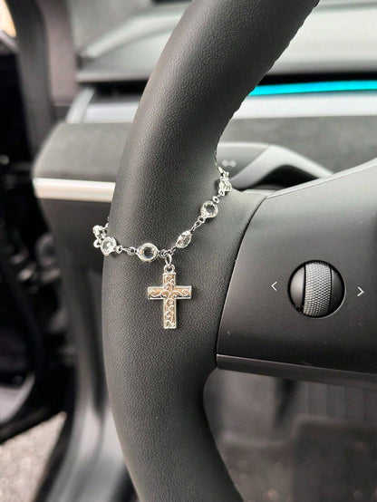 Cross And Star Shaped Car Steering Wheel Decor Pendant, Luxury Crystal Chain Car Steering Wheel Decor Pendant