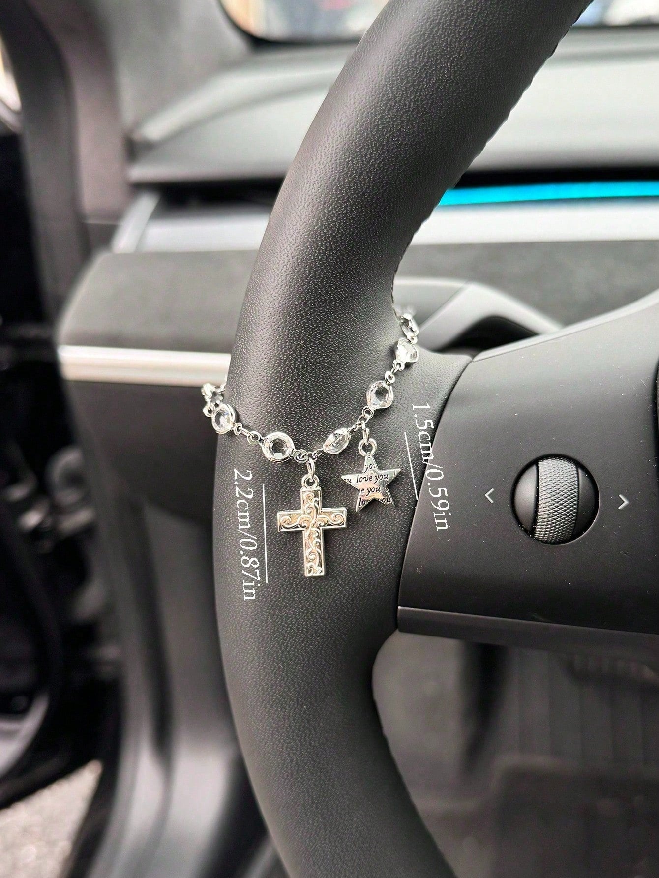 Cross And Star Shaped Car Steering Wheel Decor Pendant, Luxury Crystal Chain Car Steering Wheel Decor Pendant