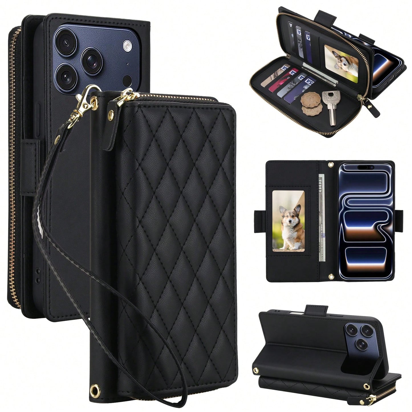 Crossbody Case For IPhone 17 ProMax/17Pro/17AIR/17E/17 Case Wallet, RFID Blocking Leather With Card Holder Kickstand, Handbag Zipper Flip Cover With Wrist Strap For IPone Men Women