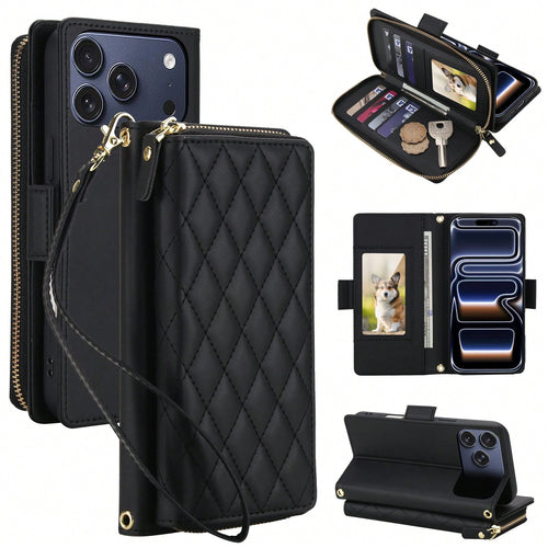Crossbody Case For IPhone 17 ProMax/17Pro/17AIR/17E/17 Case Wallet, RFID Blocking Leather With Card Holder Kickstand, Handbag Zipper Flip Cover With Wrist Strap For IPone Men Women