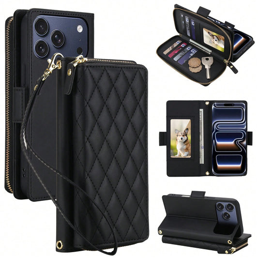 Crossbody Case For IPhone 17 ProMax/17Pro/17AIR/17E/17 Case Wallet, RFID Blocking Leather With Card Holder Kickstand, Handbag Zipper Flip Cover With Wrist Strap For IPone Men Women