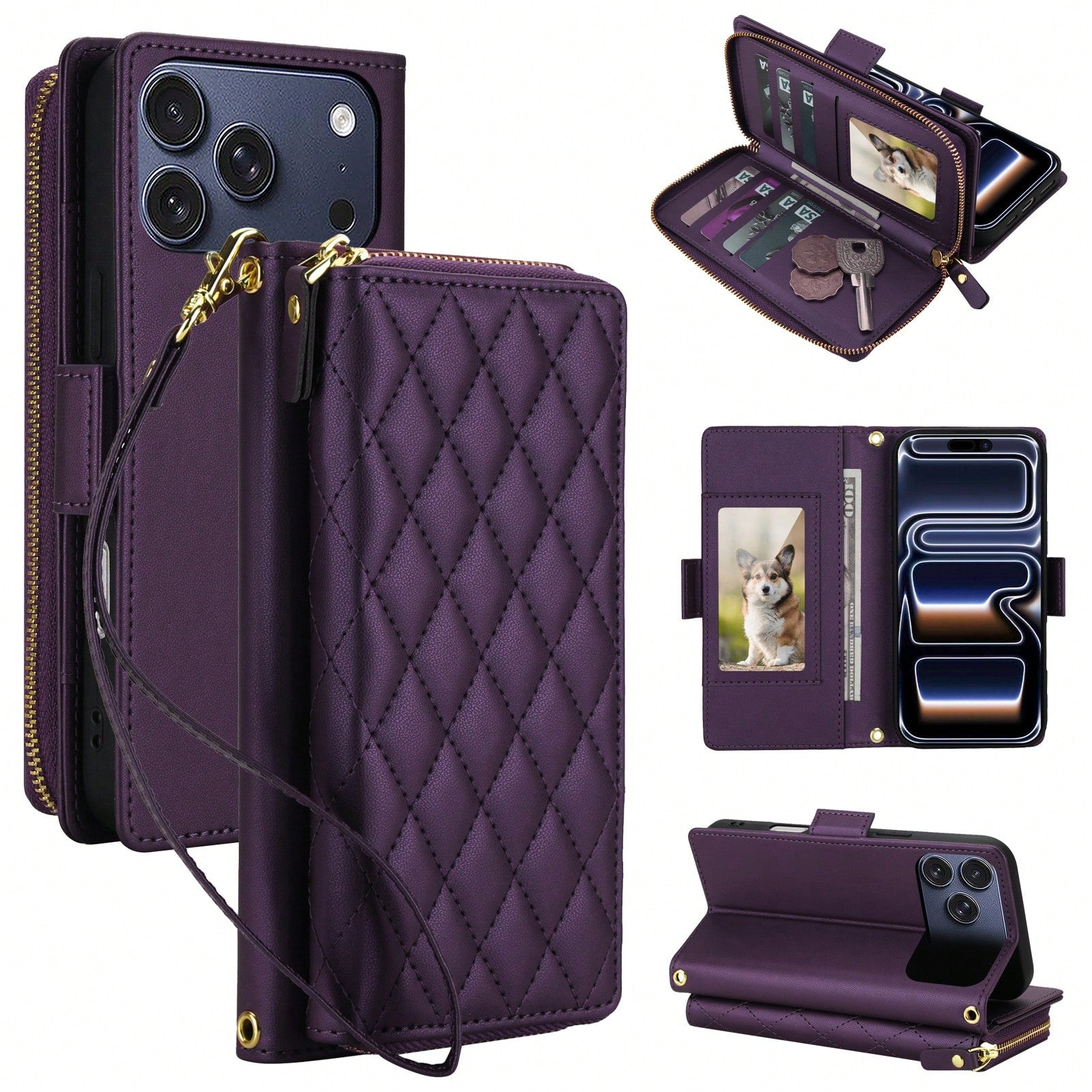 Crossbody Case For IPhone 17 ProMax/17Pro/17AIR/17E/17 Case Wallet, RFID Blocking Leather With Card Holder Kickstand, Handbag Zipper Flip Cover With Wrist Strap For IPone Men Women