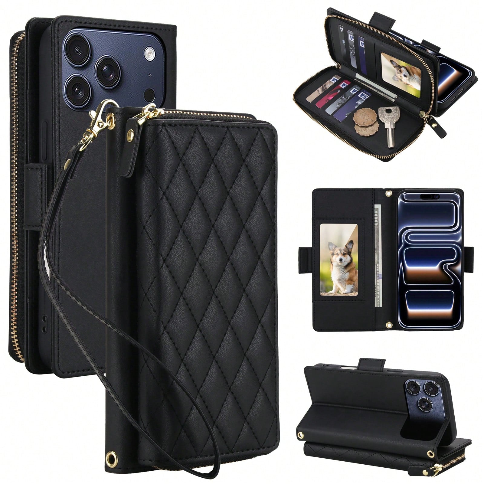 Crossbody Case For IPhone 17 ProMax/17Pro/17AIR/17E/17 Case Wallet, RFID Blocking Leather With Card Holder Kickstand, Handbag Zipper Flip Cover With Wrist Strap For IPone Men Women