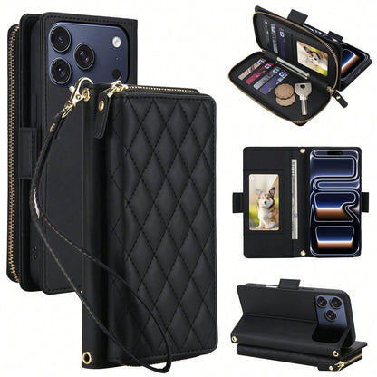 Crossbody Case For IPhone 17 ProMax/17Pro/17AIR/17E/17 Case Wallet, RFID Blocking Leather With Card Holder Kickstand, Handbag Zipper Flip Cover With Wrist Strap For IPone Men Women