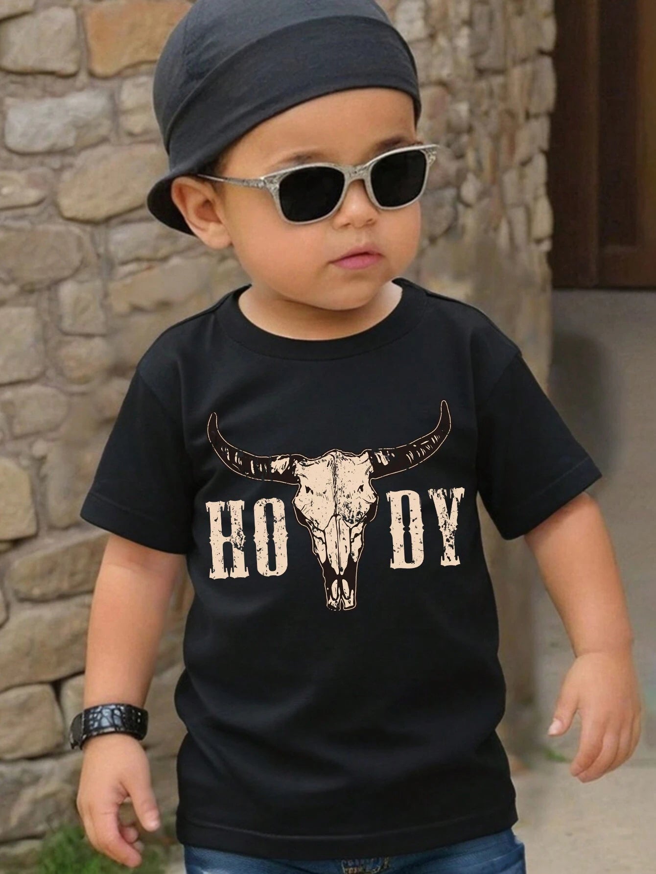 Crow Boy, Baby Boy Casual Minimalist Cartoon Ox Head & Letter Print Short Sleeve Top, Summer, 95% Cotton