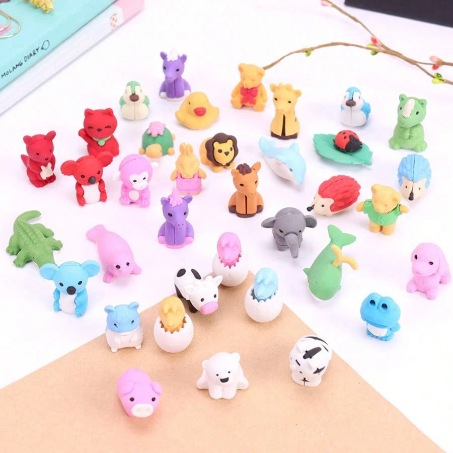 Cubidupi 30pc Random Animal Eraser, Cool 3D Mini Eraser, Fun Gift, Individually Packaged, Detachable Eraser