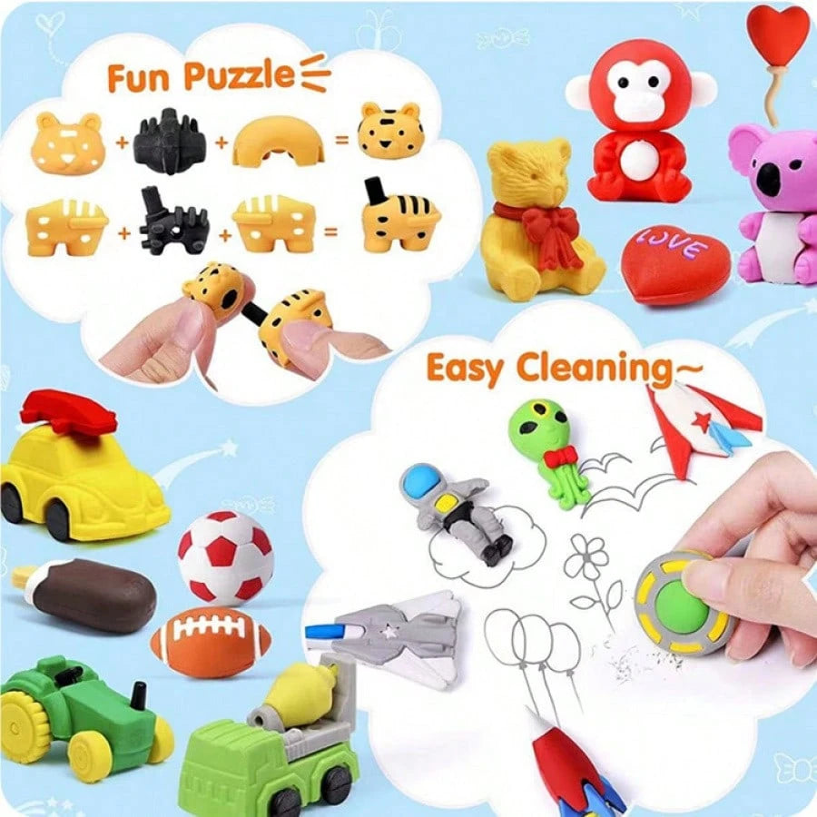 Cubidupi 30pc Random Animal Eraser, Cool 3D Mini Eraser, Fun Gift, Individually Packaged, Detachable Eraser