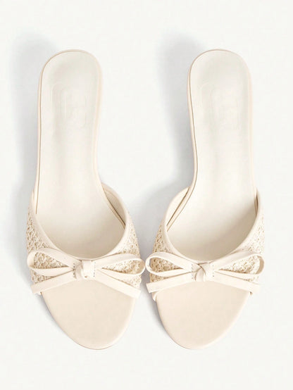 CUCCOO CHICEST Women Shoes Beige Woven Bow Design Elements Fashionable And Comfortable Spring And Summer Vacation Kitten And Slippers Summer Shoes