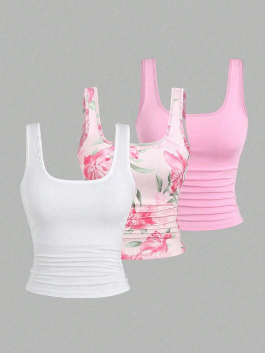 CURVE+ 3pcs Plus Size Women's Casual Solid Color & Full Printed Pattern Sleeveless Vest Set, Summer