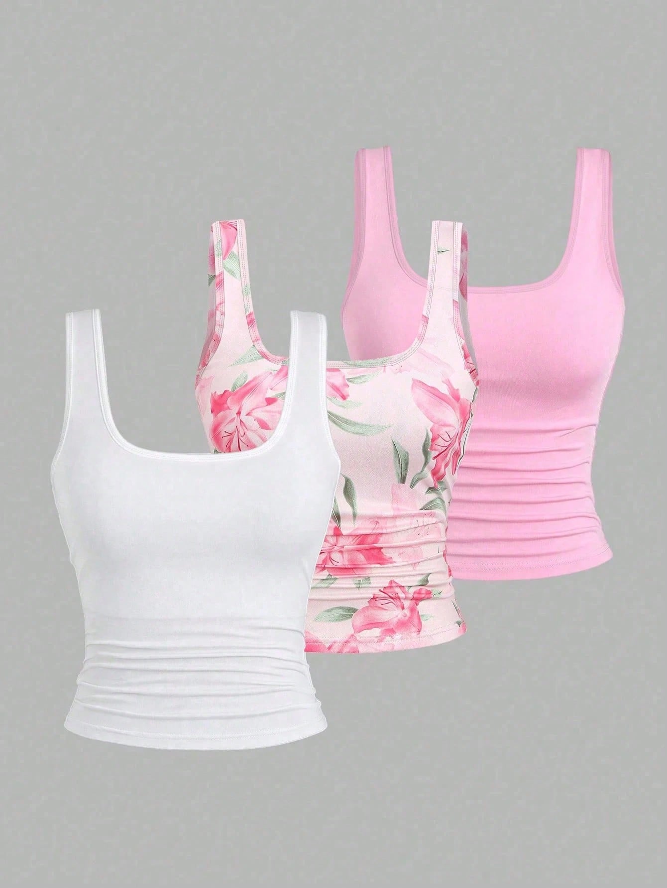 CURVE+ 3pcs Plus Size Women's Casual Solid Color & Full Printed Pattern Sleeveless Vest Set, Summer