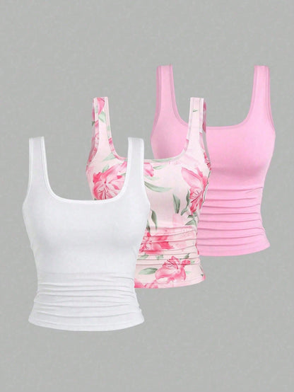 CURVE+ 3pcs Plus Size Women's Casual Solid Color & Full Printed Pattern Sleeveless Vest Set, Summer