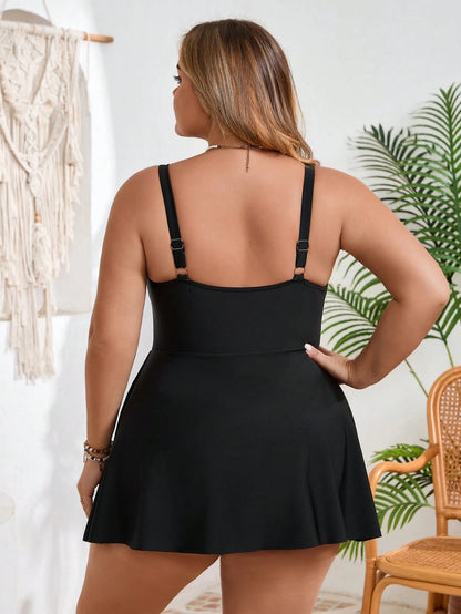 CURVE+ Plus Size Black Square Neck One-Piece Swimdress For Woman,Summer Beach Holiday,Classy Formal Evening Bathing Suits,Flattering & Tummy Concealing