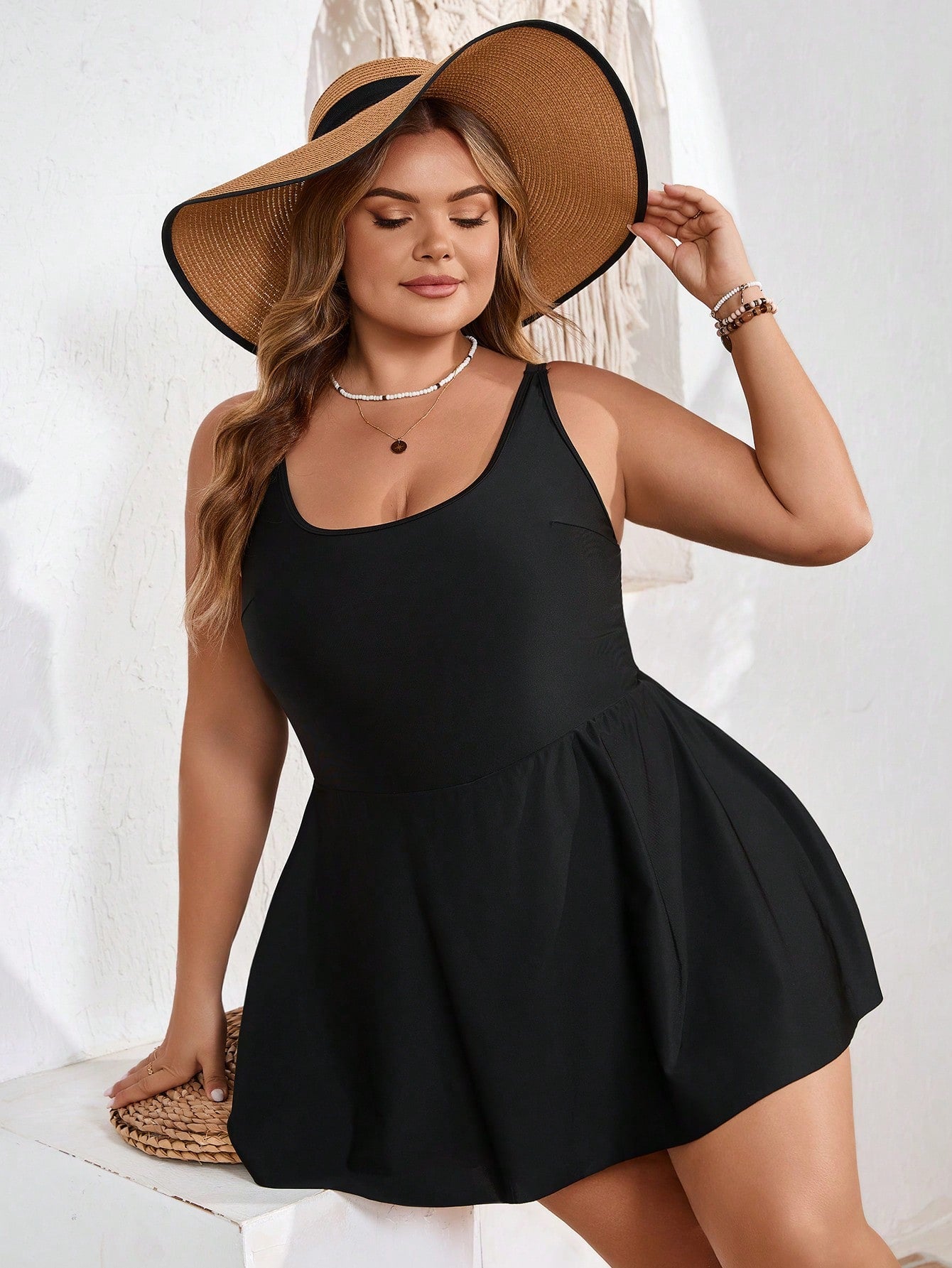 CURVE+ Plus Size Black Square Neck One-Piece Swimdress For Woman,Summer Beach Holiday,Classy Formal Evening Bathing Suits,Flattering & Tummy Concealing