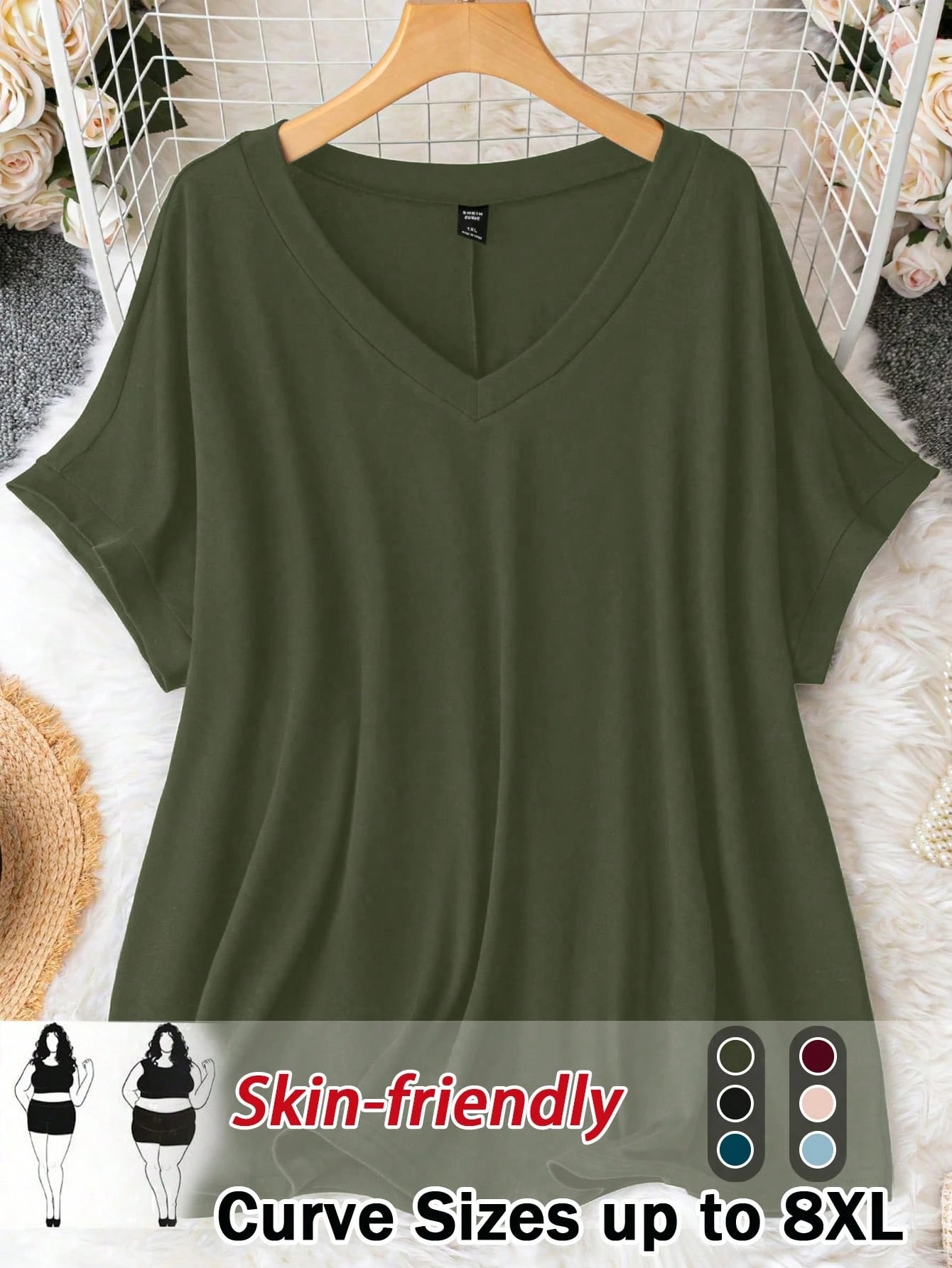CURVE+ Plus Size Plus Size V-Neck Loose Knit Pullover T-Shirt
