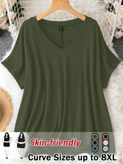 CURVE+ Plus Size Plus Size V-Neck Loose Knit Pullover T-Shirt