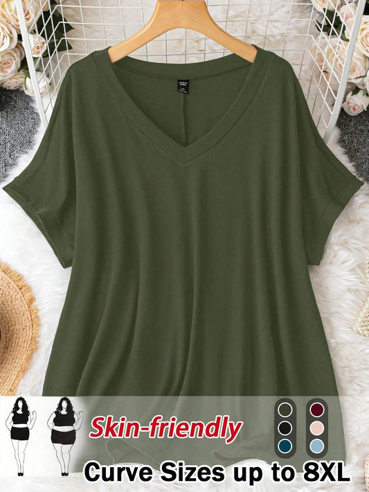 CURVE+ Plus Size Plus Size V-Neck Loose Knit Pullover T-Shirt