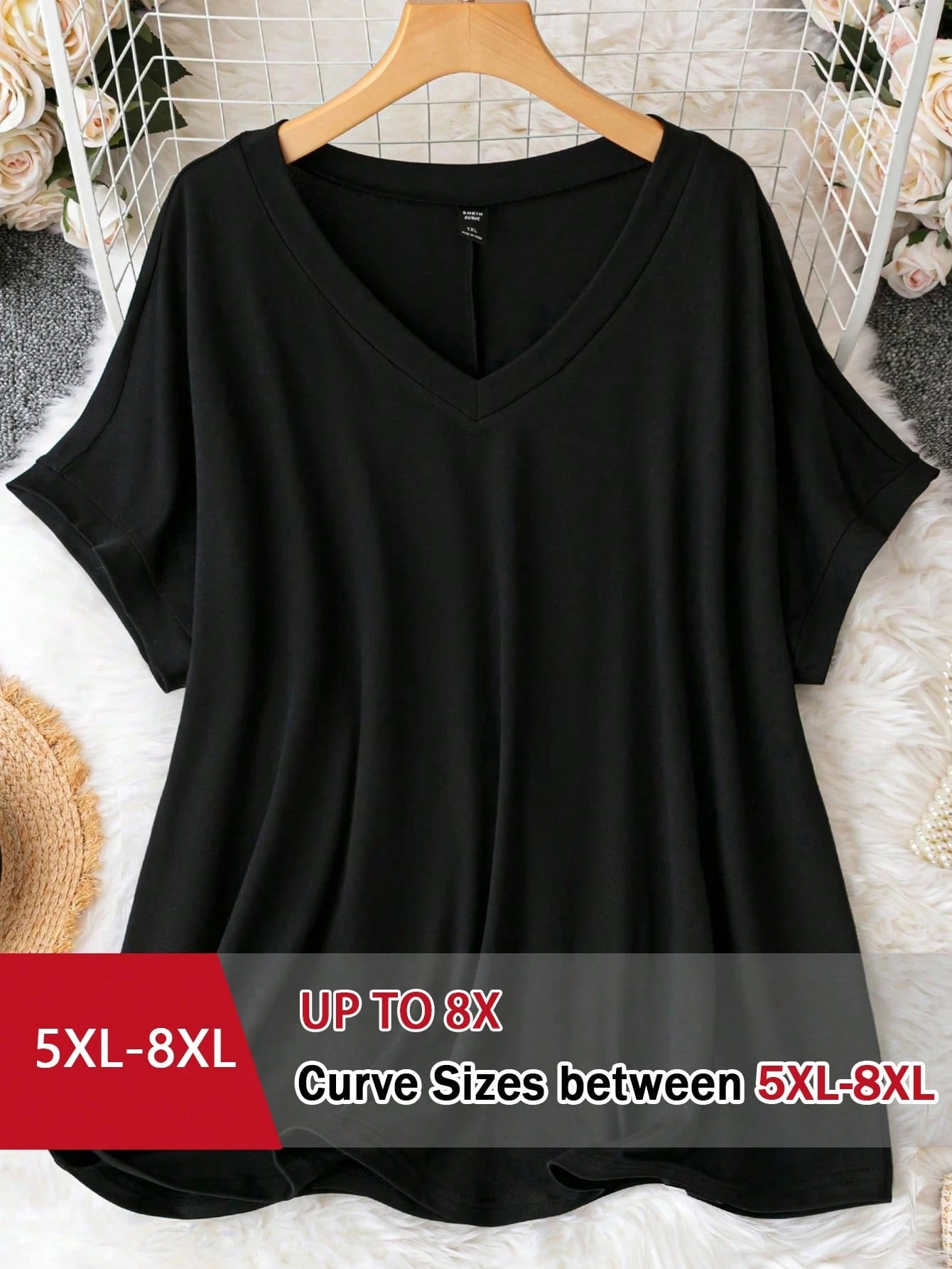 CURVE+ Plus Size Plus Size V-Neck Loose Knit Pullover T-Shirt