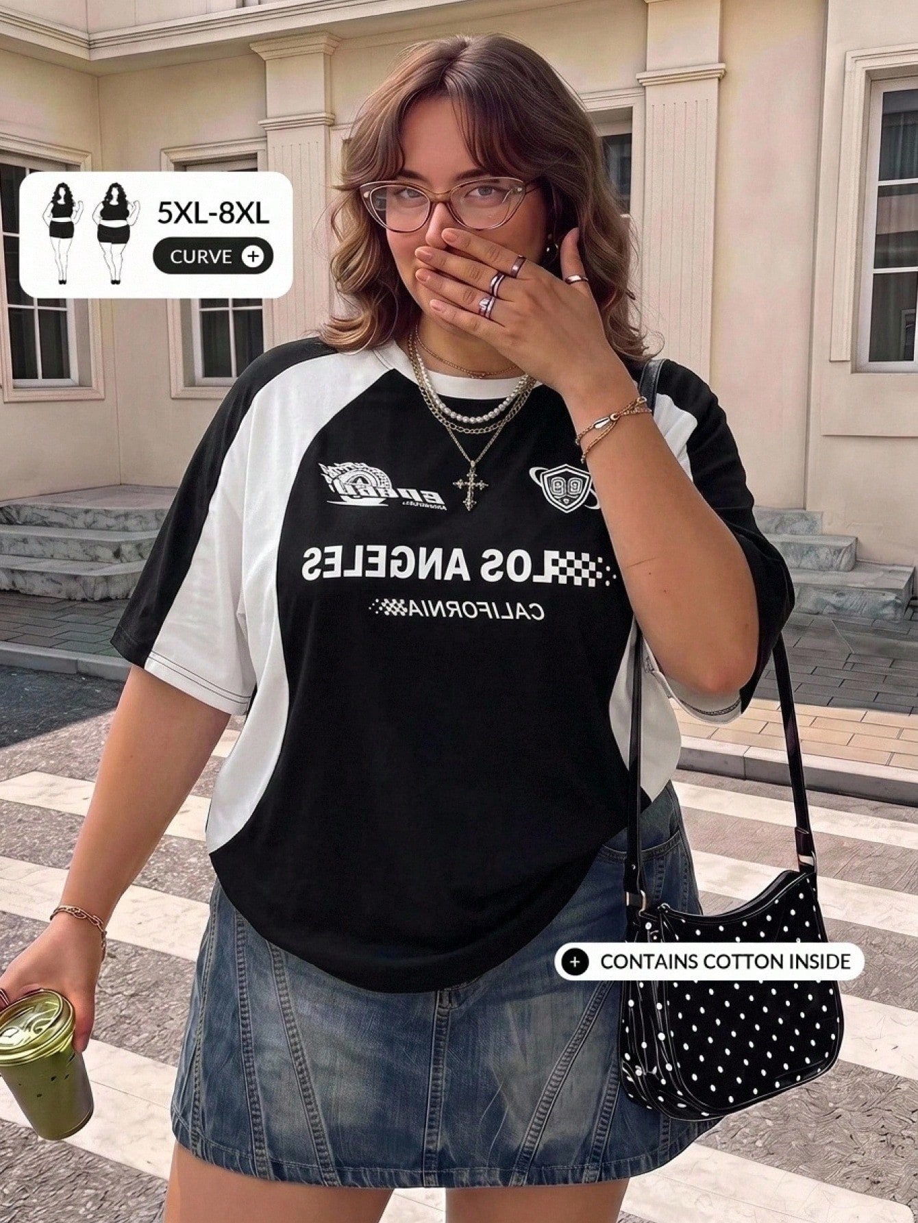 CURVE+ Plus Size Streetwear Plus Size Racing Motorcycle Print Colorblock Raglan Sleeve Knit T-Shirt