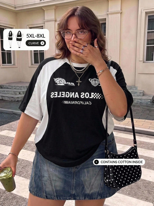 CURVE+ Plus Size Streetwear Plus Size Racing Motorcycle Print Colorblock Raglan Sleeve Knit T-Shirt
