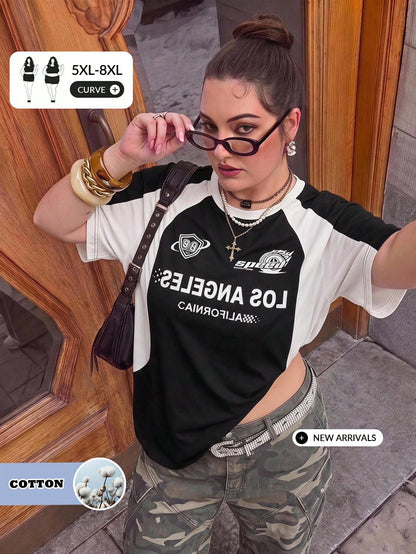 CURVE+ Plus Size Streetwear Plus Size Racing Motorcycle Print Colorblock Raglan Sleeve Knit T-Shirt