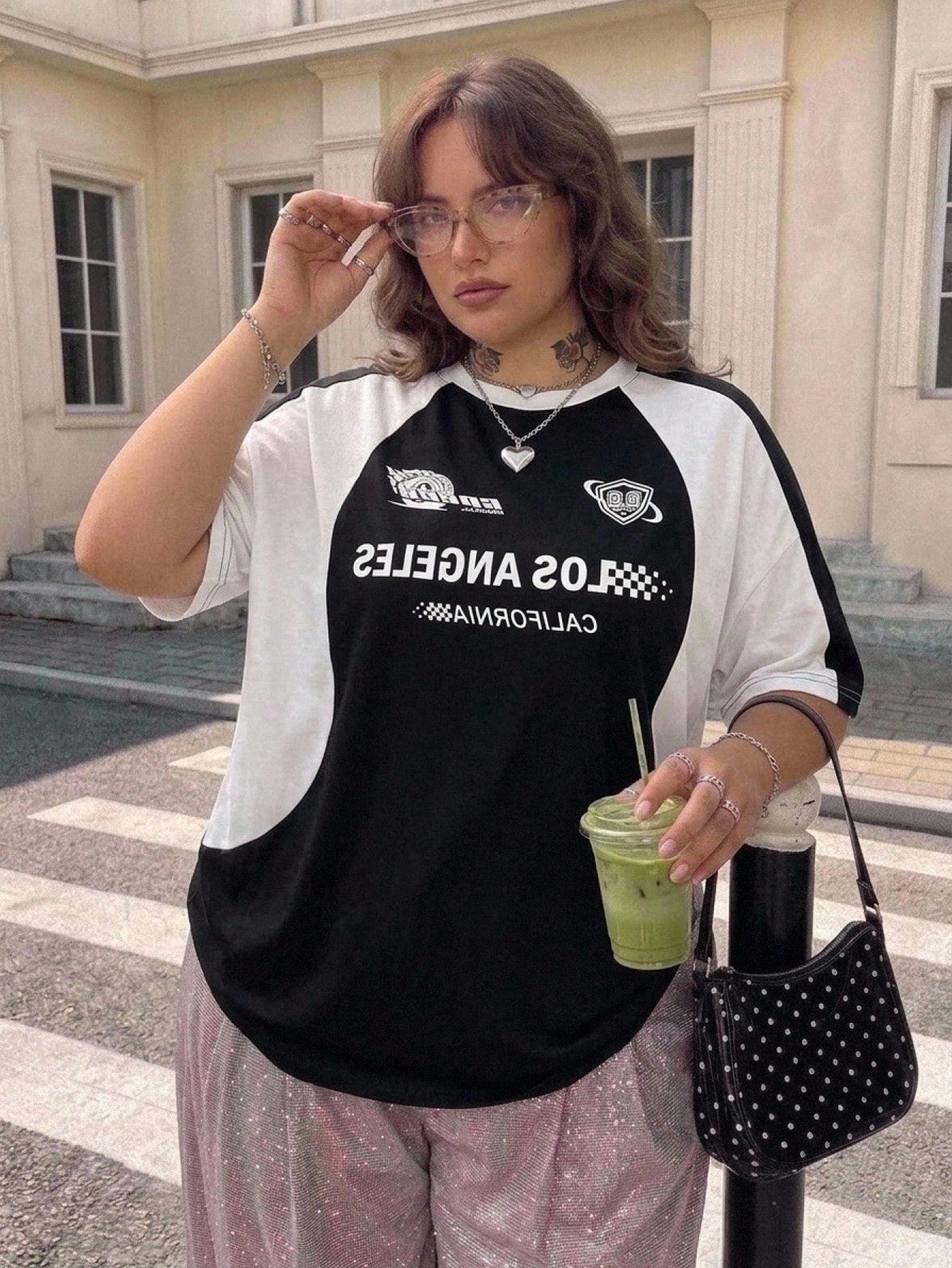 CURVE+ Plus Size Streetwear Plus Size Racing Motorcycle Print Colorblock Raglan Sleeve Knit T-Shirt