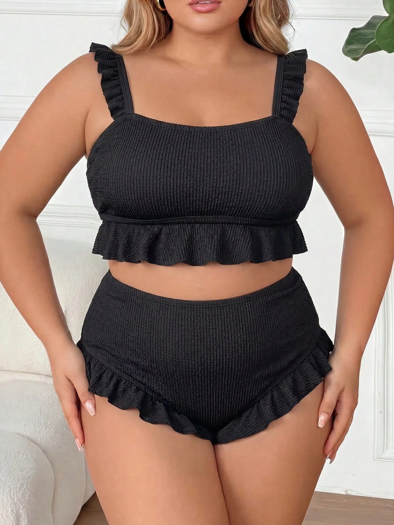 CURVE+ Plus Size Women 2-Piece Bikini Set, Elegant Sexy Black Textured Ruffle Camisole Top Beach Summer