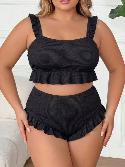 CURVE+ Plus Size Women 2-Piece Bikini Set, Elegant Sexy Black Textured Ruffle Camisole Top Beach Summer