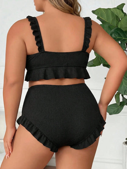 CURVE+ Plus Size Women 2-Piece Bikini Set, Elegant Sexy Black Textured Ruffle Camisole Top Beach Summer