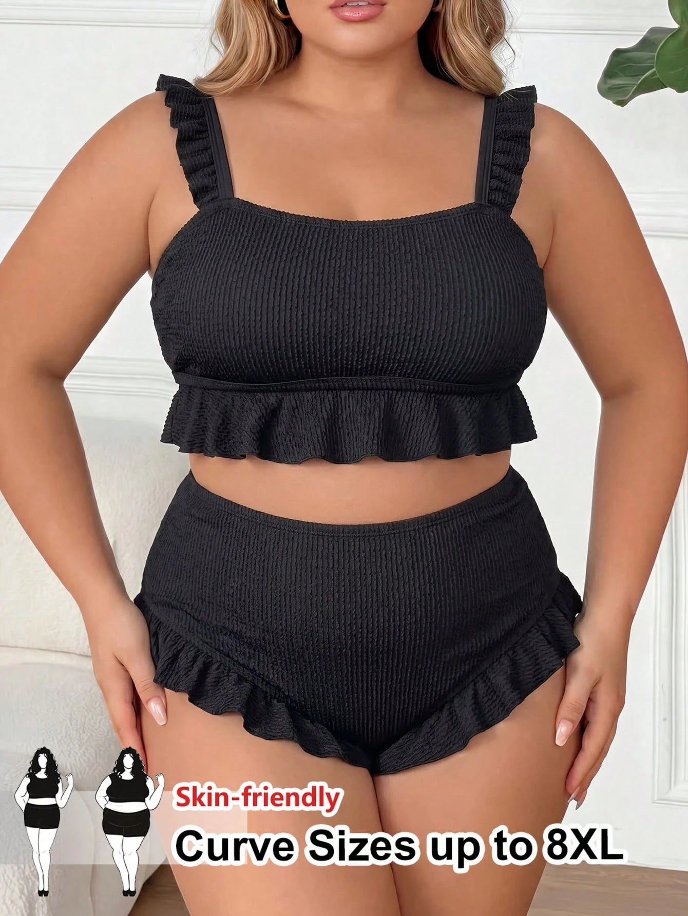 CURVE+ Plus Size Women 2-Piece Bikini Set, Elegant Sexy Black Textured Ruffle Camisole Top Beach Summer