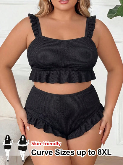 CURVE+ Plus Size Women 2-Piece Bikini Set, Elegant Sexy Black Textured Ruffle Camisole Top Beach Summer