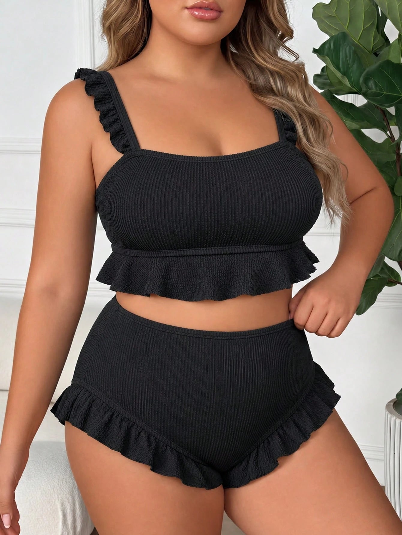 CURVE+ Plus Size Women 2-Piece Bikini Set, Elegant Sexy Black Textured Ruffle Camisole Top Beach Summer
