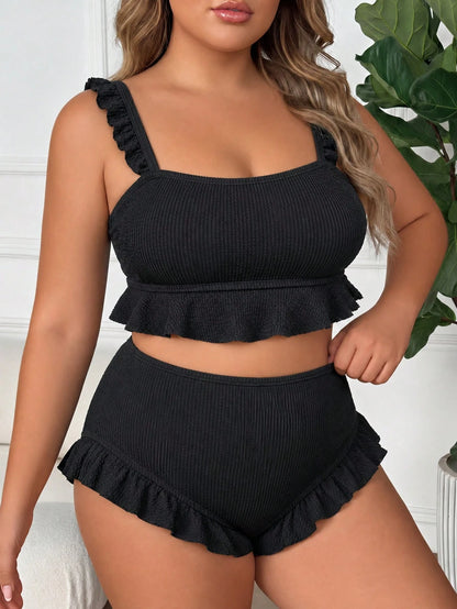 CURVE+ Plus Size Women 2-Piece Bikini Set, Elegant Sexy Black Textured Ruffle Camisole Top Beach Summer