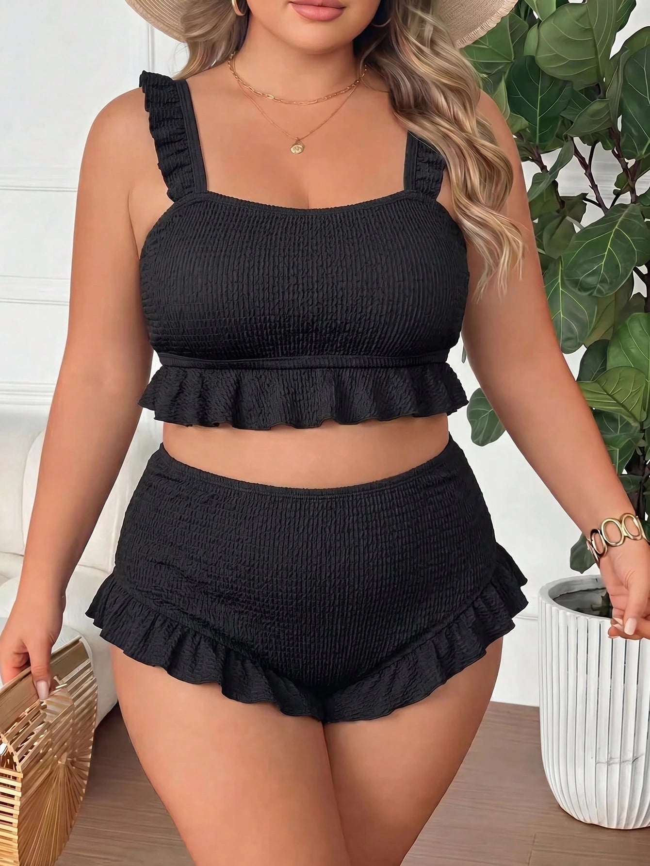 CURVE+ Plus Size Women 2-Piece Bikini Set, Elegant Sexy Black Textured Ruffle Camisole Top Beach Summer
