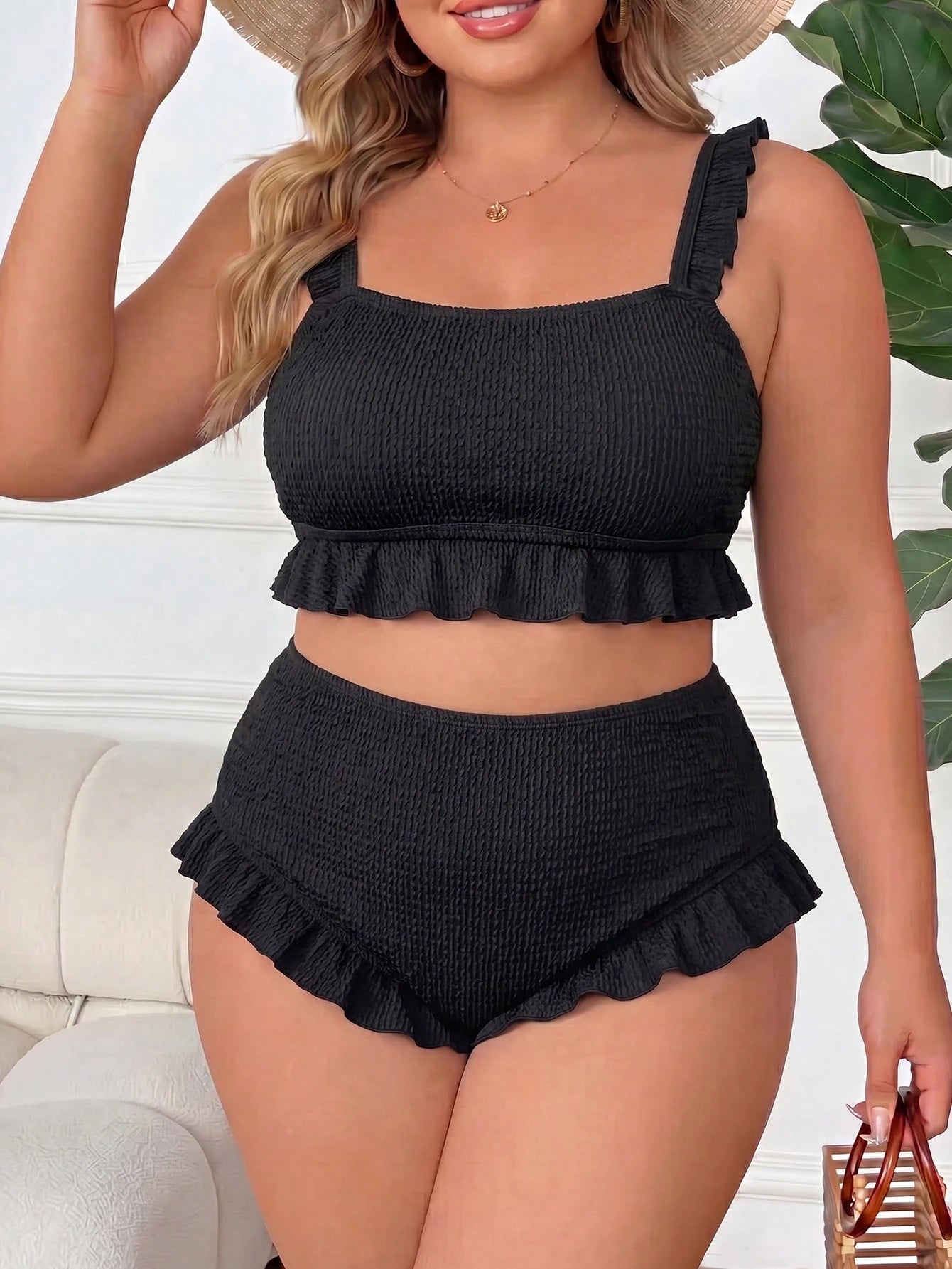 CURVE+ Plus Size Women 2-Piece Bikini Set, Elegant Sexy Black Textured Ruffle Camisole Top Beach Summer