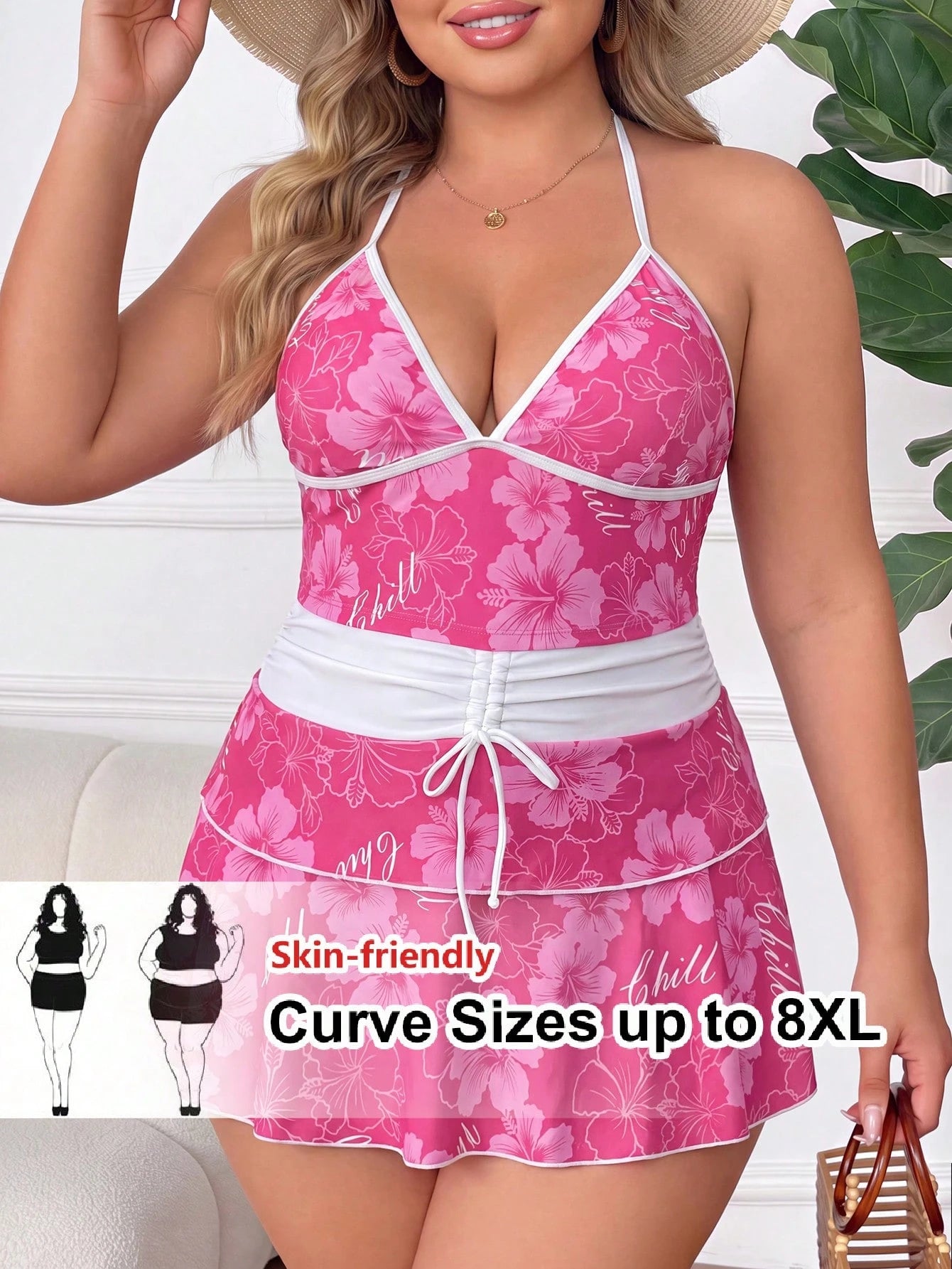 CURVE+ Plus Size Women's Floral Print Halter Tankini, Triangle Tankini Bottom And Mini Skirt 3-Piece Swimsuit Set