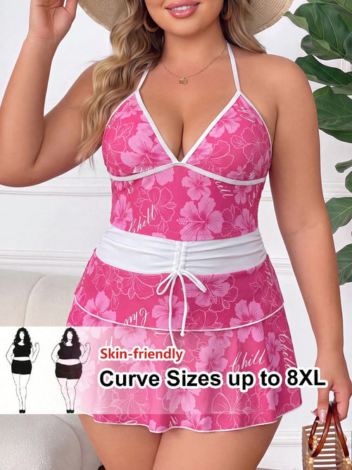 CURVE+ Plus Size Women's Floral Print Halter Tankini, Triangle Tankini Bottom And Mini Skirt 3-Piece Swimsuit Set