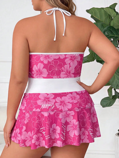 CURVE+ Plus Size Women's Floral Print Halter Tankini, Triangle Tankini Bottom And Mini Skirt 3-Piece Swimsuit Set