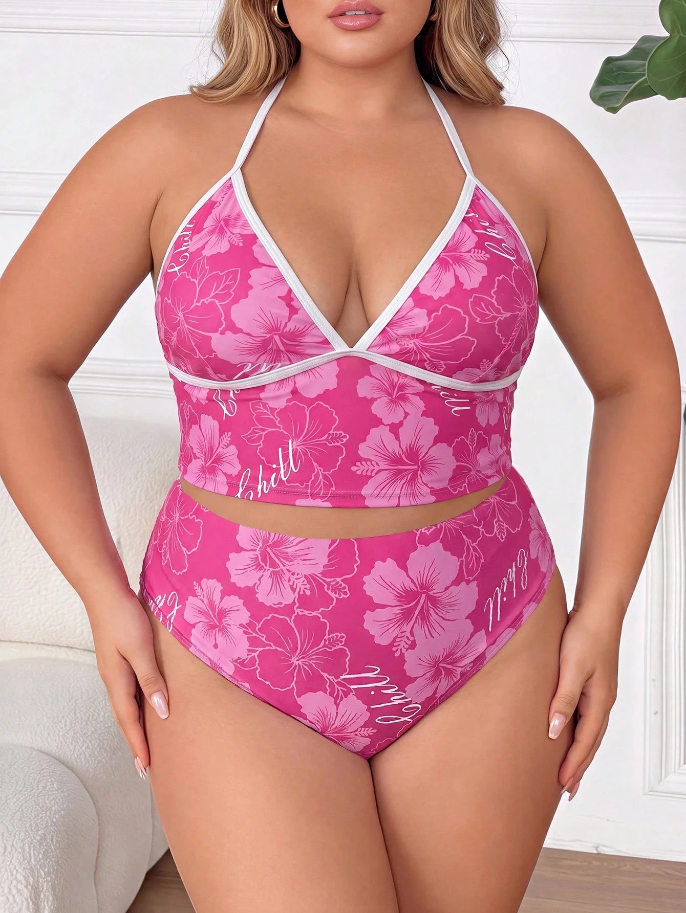 CURVE+ Plus Size Women's Floral Print Halter Tankini, Triangle Tankini Bottom And Mini Skirt 3-Piece Swimsuit Set