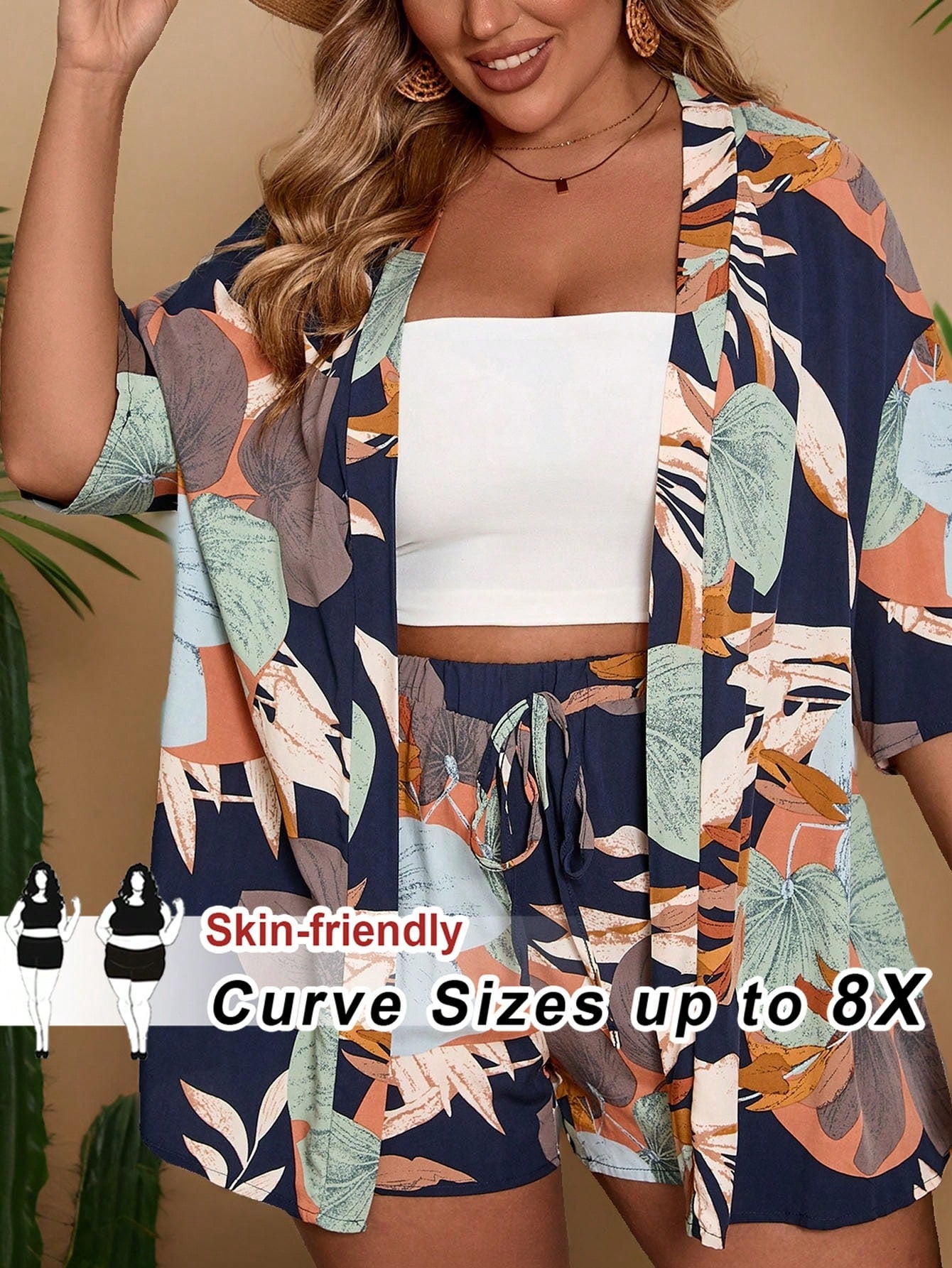 CURVE+ Plus Size Women's Spring/Summer Tropical Plant Print Loose Fit Kimono Top And Shorts Set, Beach/Vacation Style