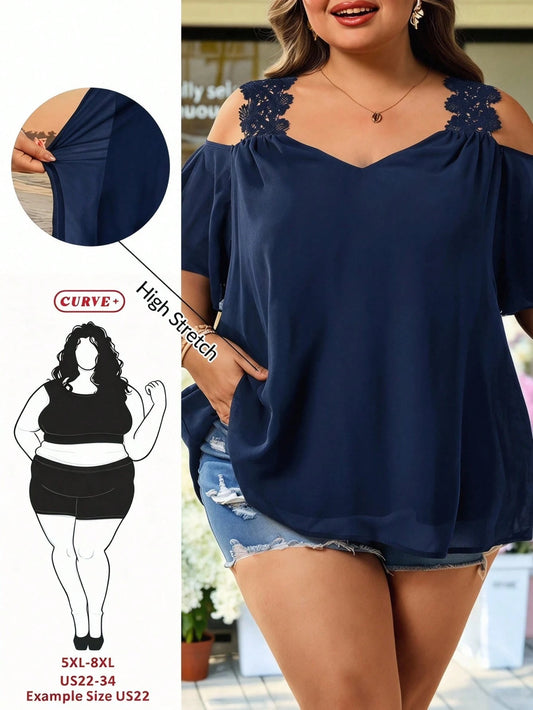 CURVE+ Plus Size Women's Summer Vacation Casual Solid Color Off-Shoulder Short Sleeve Blouse